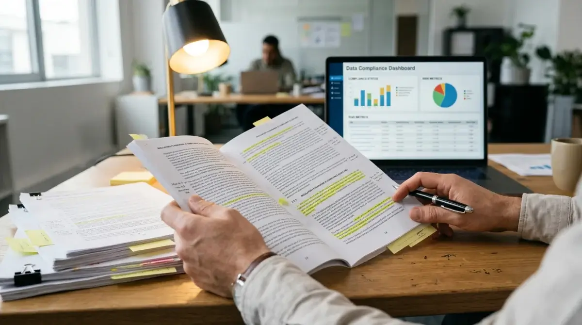 A person reviewing financial regulatory documents at a desk with a laptop displaying compliance data