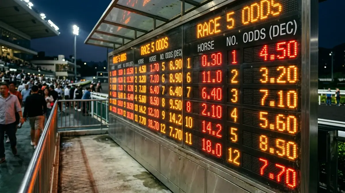 A close-up of a digital betting board displaying decimal odds for a horse racing meeting