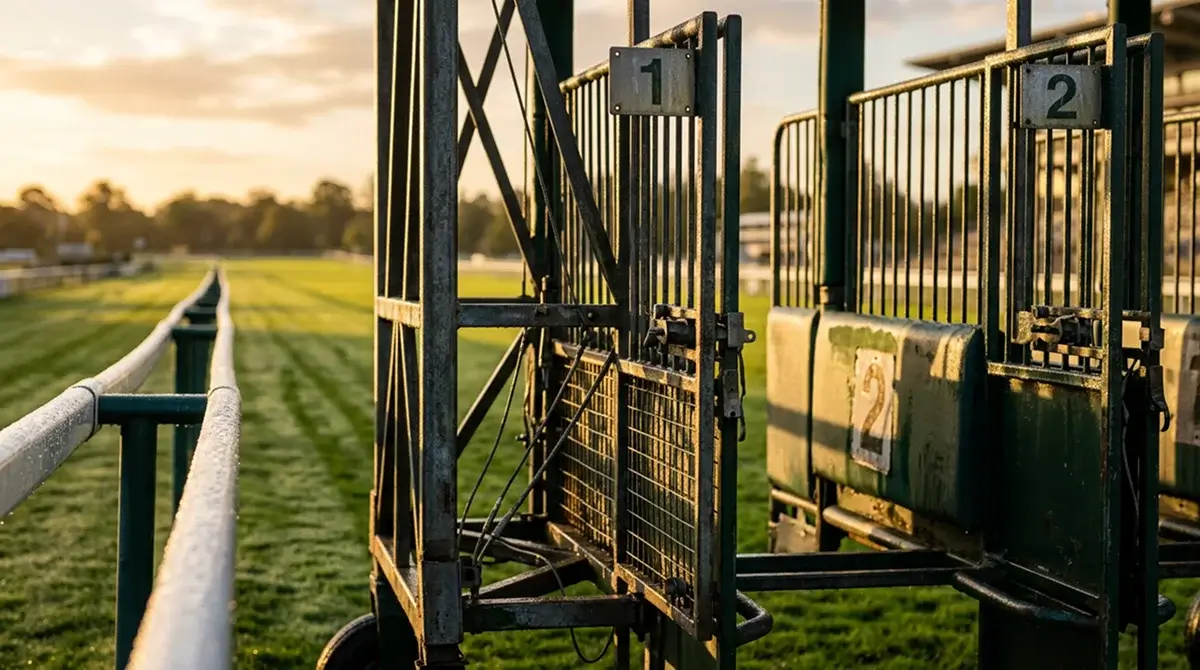 Close-up view of a horse racing starting gate at a UK racecourse with sunlight cutting through the metal frame