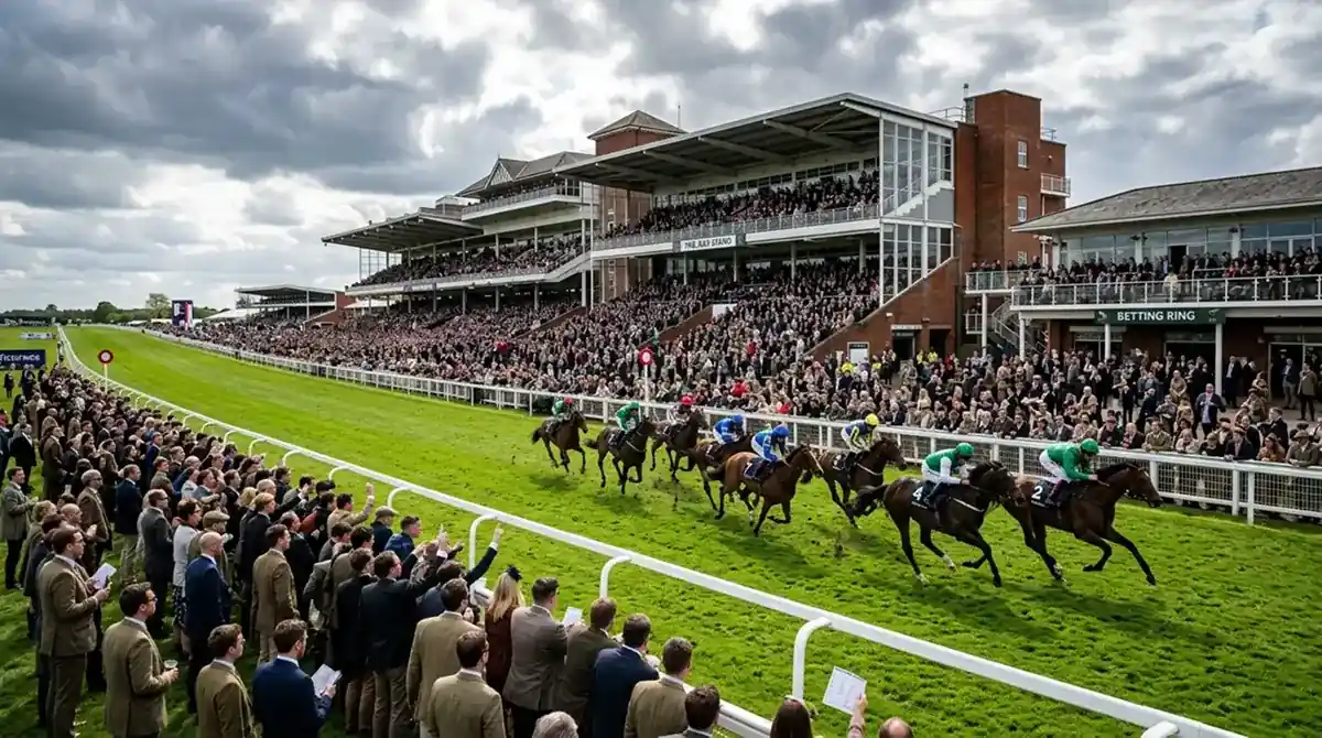 Crowded grandstands at a UK racecourse during a featured meeting with horses racing on the turf track